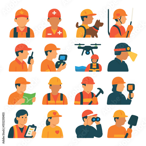 Search and rescue personnel roles icons in modern flat vector in minimalistic vibrant color design: team leader icon, medic on scene, search dog handler, rope rescue tech, radio operator, drone
