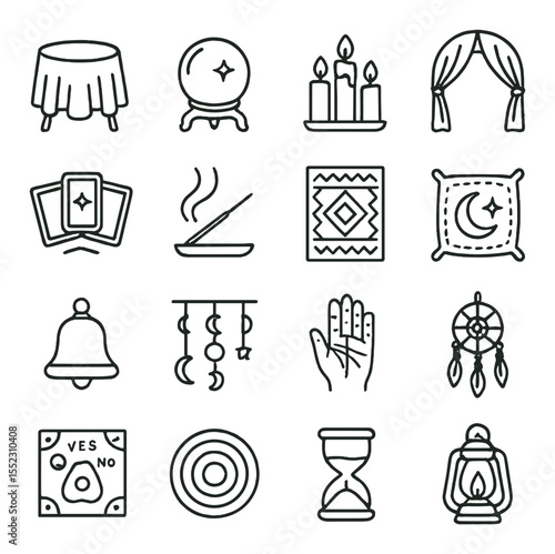 Fortune teller tent interior icons in minimalistic line art : velvet draped table, crystal ball on stand, glowing candle trio, tasseled curtain entrance, tarot card spread, incense burner,