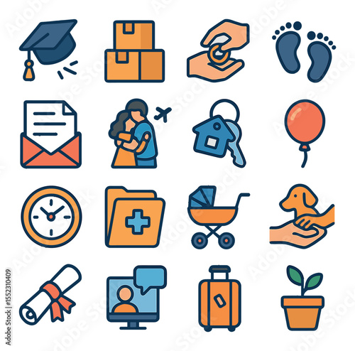 Emotional life transitions icons in modern flat vector in minimalistic vibrant color design: graduation cap toss, moving boxes stack, wedding ring exchange, newborn footprints, job resignation