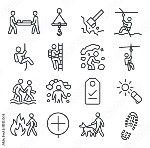 Rescue techniques and operations icons in minimalistic line art : stretcher carry icon, rope pulley system, building breach tool, waterline rescue, rappelling descent figure, ladder climb with