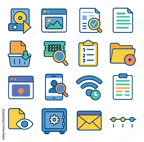 Evidence collection methods icons in modern flat vector in minimalistic vibrant color design: disk image tool, screenshot capture icon, file integrity checker, chat transcript sheet, deleted