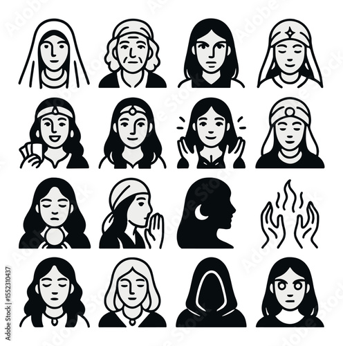 Fortune teller characters and expressions icons in minimalistic line art : mysterious seer with veil, elder mystic smile, intense gaze reader, quiet oracle, joyful card flipper, young