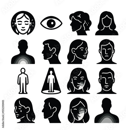 Character-focused lighting icons in minimalistic line art : close-up face glow, eye light twinkle, hair light shimmer, chin shadow cut, silhouette reveal lighting, jawline edge highlight,