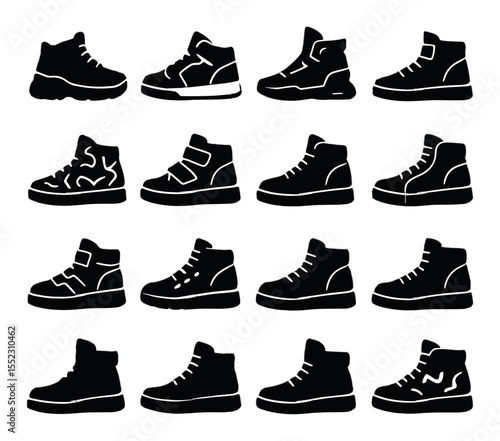 High-top sneaker s icons in silhouette solid black-filled shapes with clean, simple : chunky high-tops, retro basketball shoes, futuristic high-tops, platform high-tops, graffiti-print uppers,
