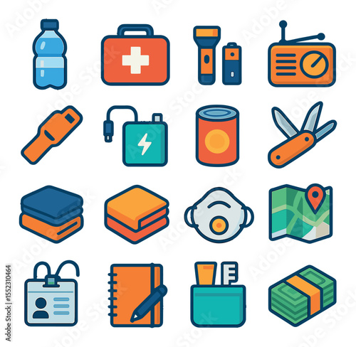 Earthquake emergency kit items icons in modern flat vector in minimalistic vibrant color design: bottled water, first aid kit, flashlight with batteries, portable radio, emergency whistle,