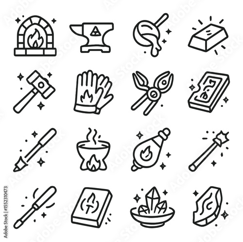 Mystical forging tools icons in minimalistic line art : enchanted forge, rune-etched anvil, molten metal ladle, glowing ingot, alchemical hammer, flameproof gloves, sigil-marked tongs, mold with