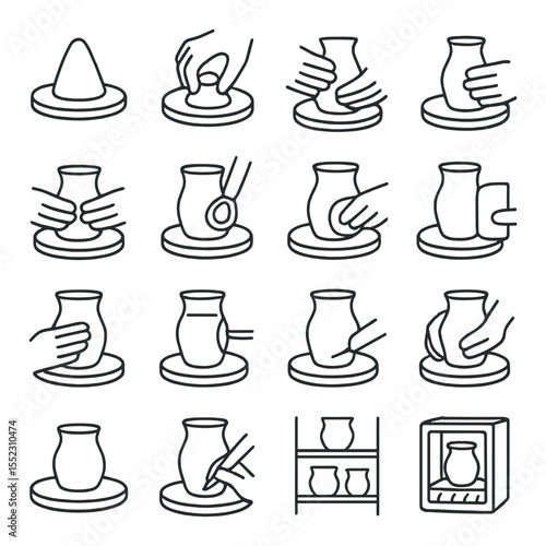 Pottery wheel process stages icons in minimalistic line art : centered clay cone, opening center hole, pulling up walls, forming neck, widening rim, trimming excess base, sponge smoothing rim,