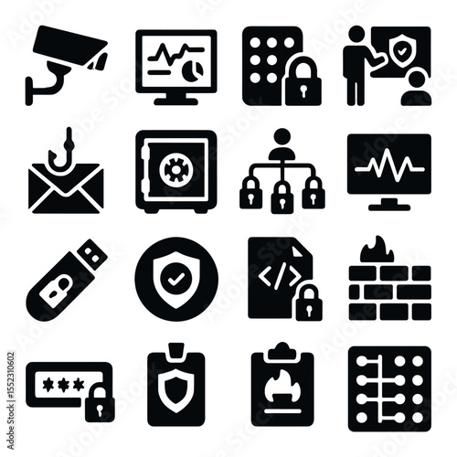 Preventive measures icons in silhouette solid black-filled shapes with clean, simple : intrusion detection system icon, network monitoring dashboard, encryption lock panel, security awareness