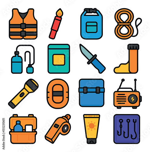 Water survival gear icons in modern flat vector in minimalistic vibrant color design: life vest, signal flare, waterproof bag, floating rope, water purification pump, emergency ration pack,