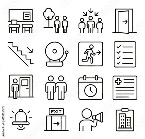 Fire drill for schools and offices icons in minimalistic line art : classroom drill poster, student lineup icon, staff meeting point, office door exit symbol, stairwell evacuation sign, school