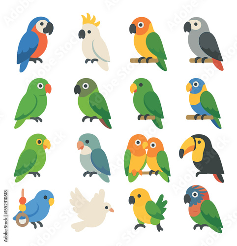 Tropical bird companions icons in modern flat vector in minimalistic vibrant color design: macaw parrot, cockatoo with crest, sun conure, African grey parrot, ring-neck parakeet, green-cheeked