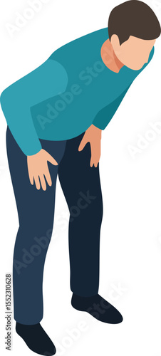 Man in teal sweater bending forward in discomfort or pain vector illustration in simple style 