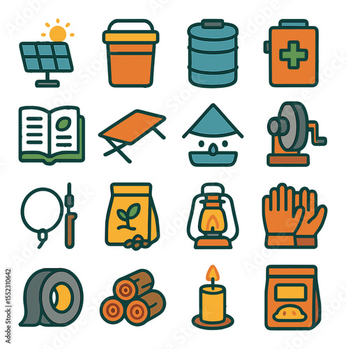 Long-term survival setup icons in modern flat vector in minimalistic vibrant color design: solar panel charger, food ration bucket, water barrel, field medical kit, survival manual, folding cot