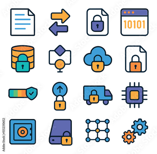 Data encryption process icons in modern flat vector in minimalistic vibrant color design: plaintext document, transformation icon, encrypted file, ciphered code window, data tunnel with padlock