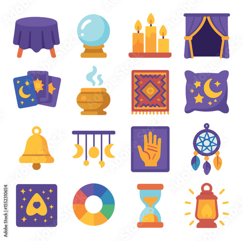 Fortune teller tent interior icons in modern flat vector in minimalistic vibrant color design: velvet draped table, crystal ball on stand, glowing candle trio, tasseled curtain entrance, tarot