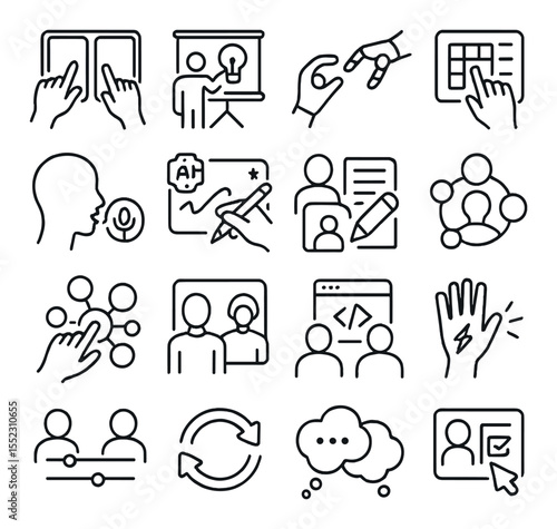 Co-creation interfaces icons in minimalistic line art : dual-input touchscreen, shared holographic board, hand-and-robot arm sync, gesture control panel, voice-command hub, AI-assisted drawing