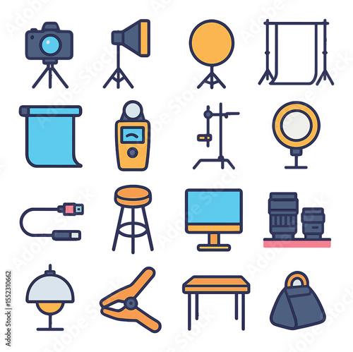 Photography studio setup icons in modern flat vector in minimalistic vibrant color design: DSLR camera on tripod, softbox light, reflector disc, backdrop support stand, seamless paper roll,