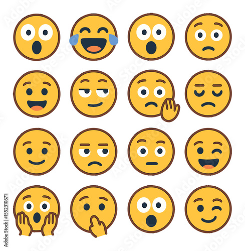 Facial expression reactions icons in modern flat vector in minimalistic vibrant color design: wide-eyed surprise, laughing with tears, jaw drop gasp, confused head tilt, excited open mouth, eye