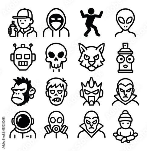 Graffiti character s icons in minimalistic line art : street artist figure, hoodie with mask, urban dancer silhouette, cartoon alien, robotic face, graffiti- skull, animal hybrid head, spray can