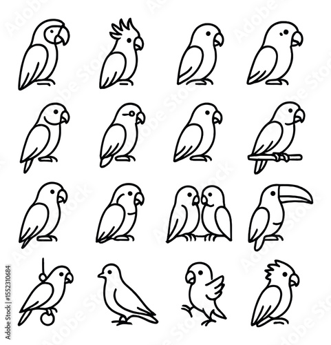 Tropical bird companions icons in minimalistic line art : macaw parrot, cockatoo with crest, sun conure, African grey parrot, ring-neck parakeet, green-cheeked conure, eclectus parrot, lorikeet