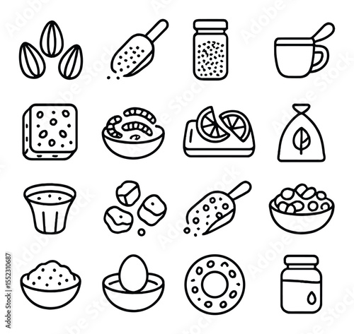 Bird food types icons in minimalistic line art : black oil sunflower seeds, millet mix scoop, nyjer seed container, cracked corn cup, suet cake with seeds, mealworm bowl, fruit slices on tray,