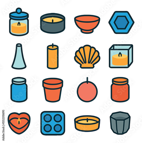 Candle vessel and mold s icons in modern flat vector in minimalistic vibrant color design: glass jar with lid, tin container, ceramic bowl, hexagon silicone mold, classic taper mold, pillar