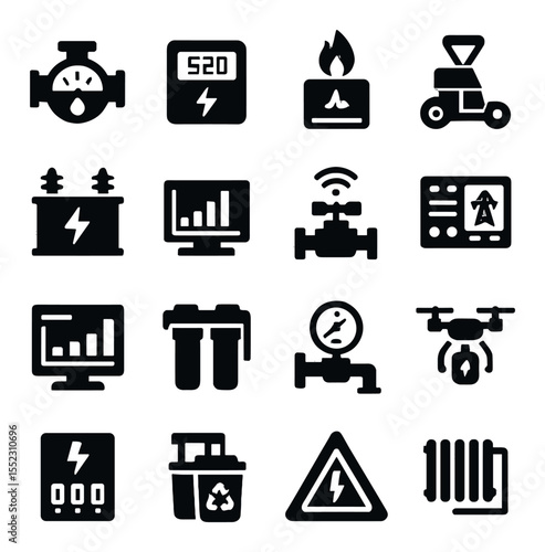 Smart utilities icons in silhouette solid black-filled shapes with clean, simple : water flow meter, smart electricity meter, gas leak sensor, underground utility scanner, smart power