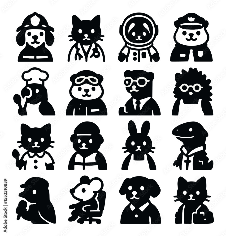 Fototapeta premium Occupation-themed costumes icons in silhouette solid black-filled shapes with clean, simple : dog as firefighter with helmet, cat in doctor coat, bunny in astronaut suit, hamster as police