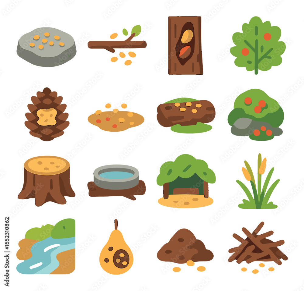 Fototapeta premium Feeding wild birds in nature icons in modern flat vector in minimalistic vibrant color design: flat rock feeding area, tree branch perch with seeds, bark crack with nut pieces, bird-friendly