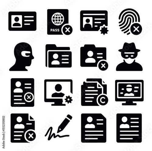 Stolen identity elements icons in silhouette solid black-filled shapes with clean, simple : fake ID card, stolen passport icon, forged driver's license, altered social security card, masked