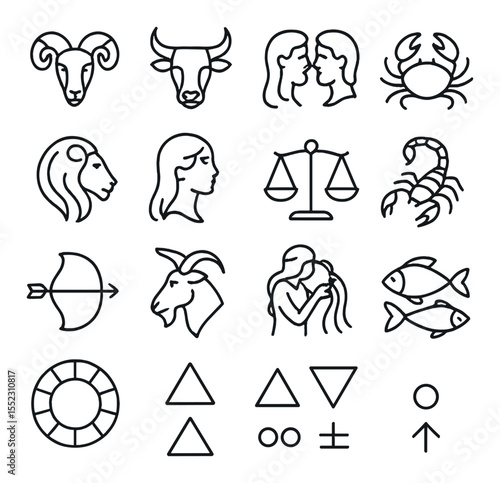 Zodiac signs in the astrology wheel icons in minimalistic line art : Aries ram, Taurus bull, Gemini twins, Cancer crab, Leo lion, Virgo maiden, Libra scales, Scorpio scorpion, Sagittarius archer