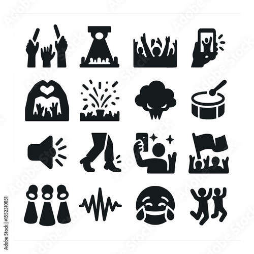 During the concert icons in silhouette solid black-filled shapes with clean, simple : raised hands with glow sticks, spotlight on stage, cheering crowd silhouette, phone recording moment, heart