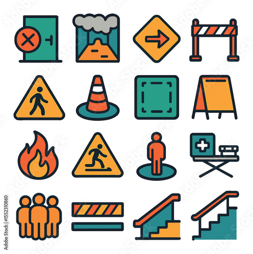 Drill obstacles and safety measures icons in modern flat vector in minimalistic vibrant color design: blocked exit symbol, smoke-filled corridor icon, detour arrow sign, fire barrier line, slow