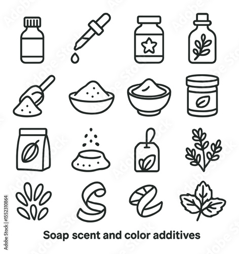 Soap scent and color additives icons in minimalistic line art : essential oil bottle, fragrance oil dropper, mica color jar, botanical infusion bottle, activated charcoal scoop, turmeric powder