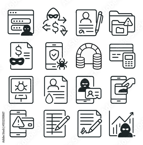 Financial identity theft icons in minimalistic line art : stolen bank login, fraudulent wire transfer, credit fraud form, loan scam folder, fake tax filing, compromised payment app, money