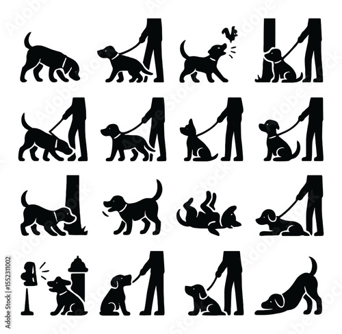 Dog behavior on walks icons in silhouette solid black-filled shapes with clean, simple : dog sniffing the ground, dog stopping suddenly, dog chasing squirrel, dog barking excitedly, dog pulling