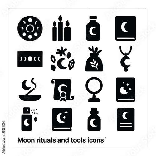 Moon rituals and tools icons in silhouette solid black-filled shapes with clean, simple : moon phase wheel, ritual candle set, moon water bottle, moon journal, altar cloth with moon cycle,