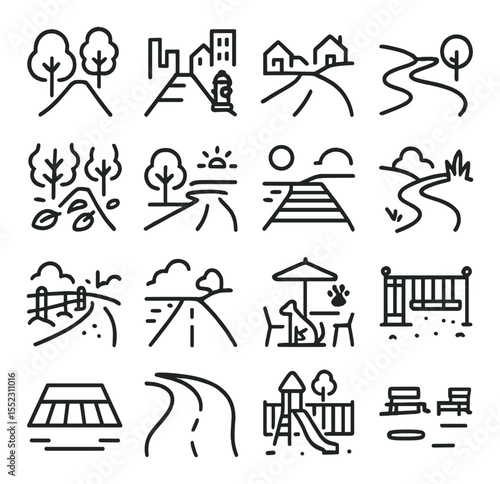 Environments for walking icons in minimalistic line art : park path with trees, city sidewalk with hydrant, suburban street with mailbox, riverside trail, forest path with leaves, urban dog run,