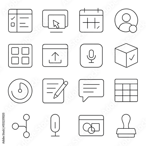 Work tools and features icons in minimalistic line art : task management hub, screen sharing interface, smart calendar grid, avatar presence bubble, virtual sticky note wall, interactive file