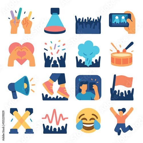 During the concert icons in modern flat vector in minimalistic vibrant color design: raised hands with glow sticks, spotlight on stage, cheering crowd silhouette, phone recording moment, heart