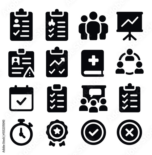 Post-drill review and debrief icons in silhouette solid black-filled shapes with clean, simple : drill feedback form, emergency response checklist, team debrief icon, drill result chart,