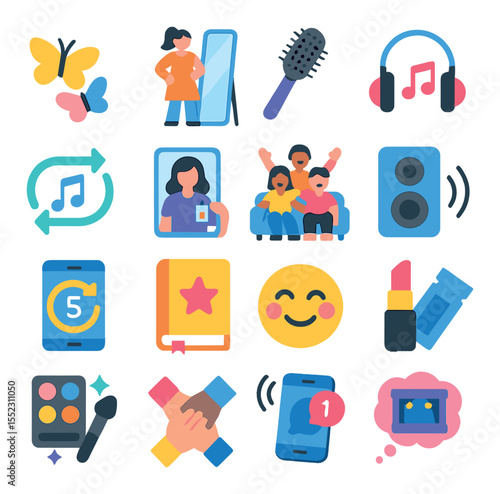 Pre-concert excitement icons in modern flat vector in minimalistic vibrant color design: butterflies icon, outfit try-on moment, hairbrush microphone, jam session with headphones, playlist loop