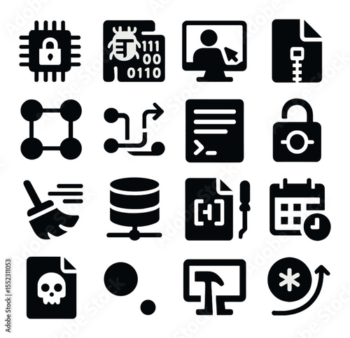 Post-exploitation tools icons in silhouette solid black-filled shapes with clean, simple : persistence implant icon, keylogger data stream, remote desktop hijack, file exfiltration zip,