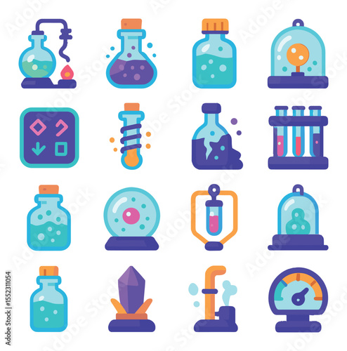 Experimental alchemy setup icons in modern flat vector in minimalistic vibrant color design: glowing potion mixer, unstable compound vial, pressure flask with cap, reinforced glass dome,