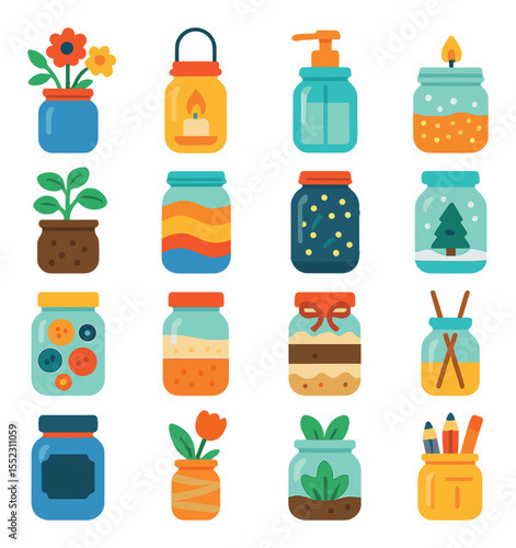Upcycled glass jar crafts icons in modern flat vector in minimalistic vibrant color design: painted mason jar vase, hanging lantern jar, soap dispenser jar, glitter tea light holder, herb
