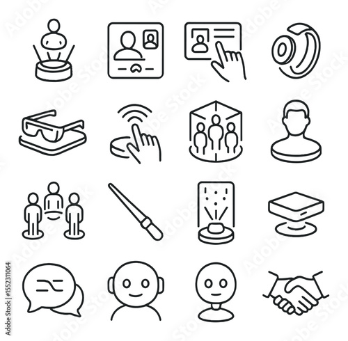 Holographic meeting technology icons in minimalistic line art : hologram projector pod, 3D call interface, interactive floating screen, voice command ring, AR headset on table, gesture control