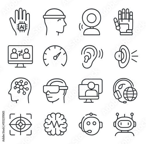 Skill augmentation icons in minimalistic line art : AI-enhanced hand, neural interface band, digital memory booster, voice assistant orb, exoskeleton glove, skill transfer interface, learning