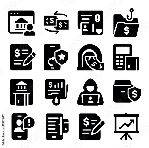 Financial identity theft icons in silhouette solid black-filled shapes with clean, simple : stolen bank login, fraudulent wire transfer, credit fraud form, loan scam folder, fake tax filing,