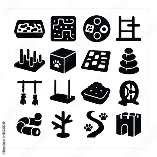 Activity enrichment stations icons in silhouette solid black-filled shapes with clean, simple : foraging tray, seed scatter maze, treat puzzle disc, climbing gym stand, interactive peg board,