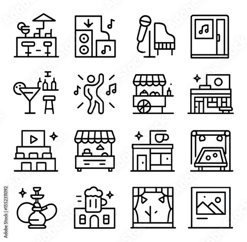 Nightlife venues icons in minimalistic line art : rooftop bar, underground club, jazz lounge, karaoke booth, cocktail bar, dance floor, street food stall, neon-lit diner, rooftop cinema, night
